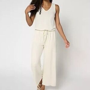 MUK LUKS Jumpsuit Womens Large Cream Cloud Knit Sleeveless Crop Pockets A684061